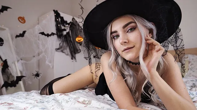 Cute horny witch gets facial and swallows cum